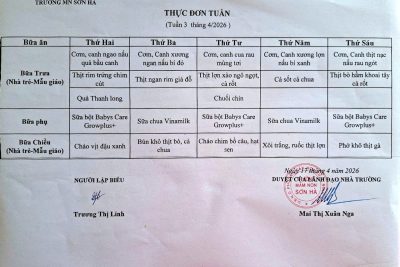 Thực đơn tuần 3/4/2026