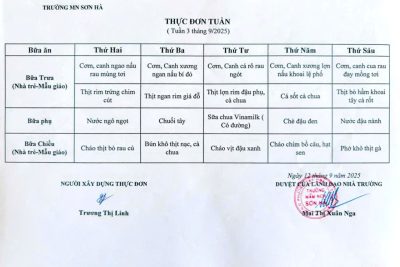Thực đơn tuần 3/9/2025