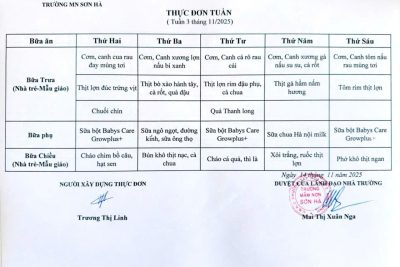 Thực đơn tuần 3/11/2025