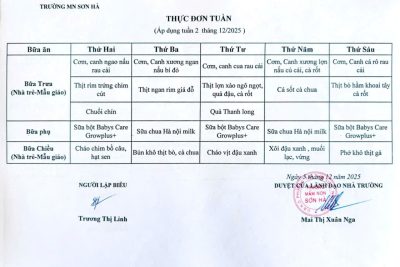 Thực đơn tuần 2/12/2025
