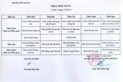 Thực đơn tuần 3/12/2025